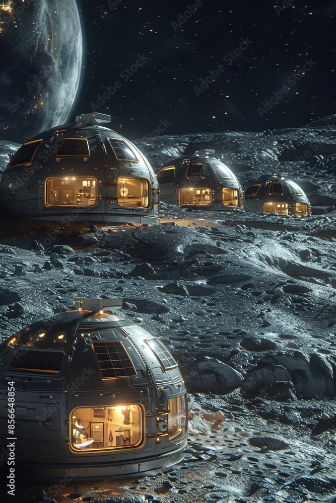 Poster outpost modules on a distant lunar surface with robotic and solar panels