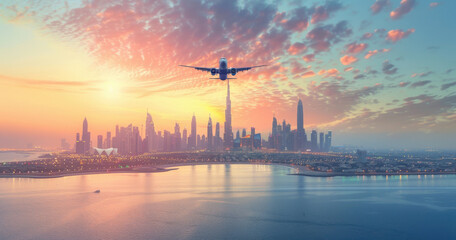 A passenger airplane flies over Dubais skyline at sunset, with the Burj Khalifa and other skyscrapers visible in the distance