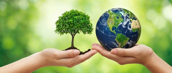 Concept image for World Environment Day: Two human hands holding a globe of the earth and a heart-shaped tree against a blurry green background