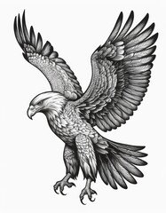 Obraz premium Tattoo design, A large wild bird eagle flies with outstretched wings. Black ink on a white background
