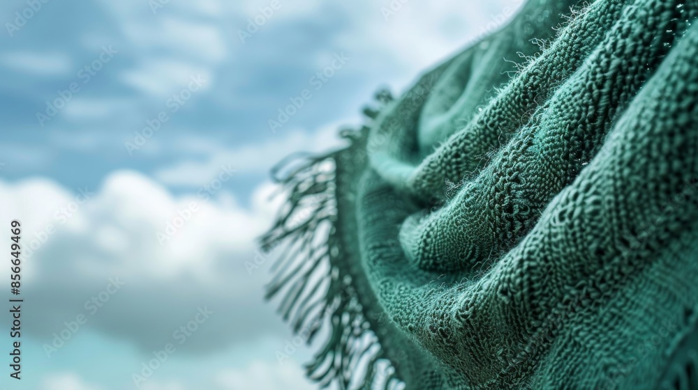 Poster the fringed edges of a deep green prayer shawl ripple in the wind creating a mesmerizing pattern aga