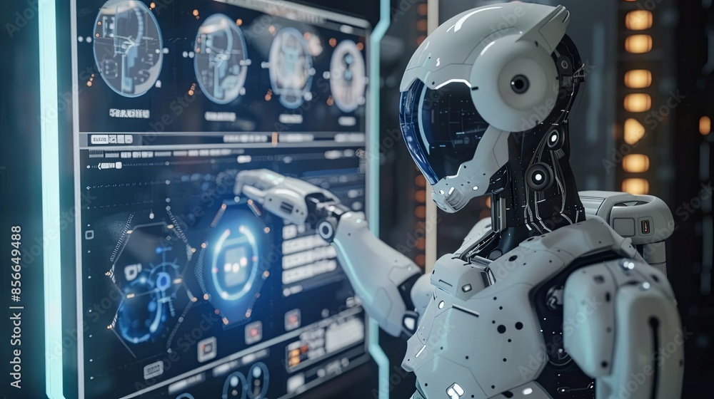 Poster a humanoid robot, equipped with a touchscreen interface, interacts with a human in a sleek, futurist