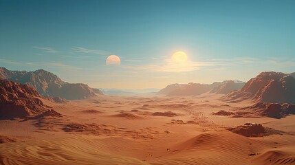 Fototapeta premium Vast Alien Desert Landscape with Towering Dunes and Lush Oasis,Cinematic Sci-Fi Scenery