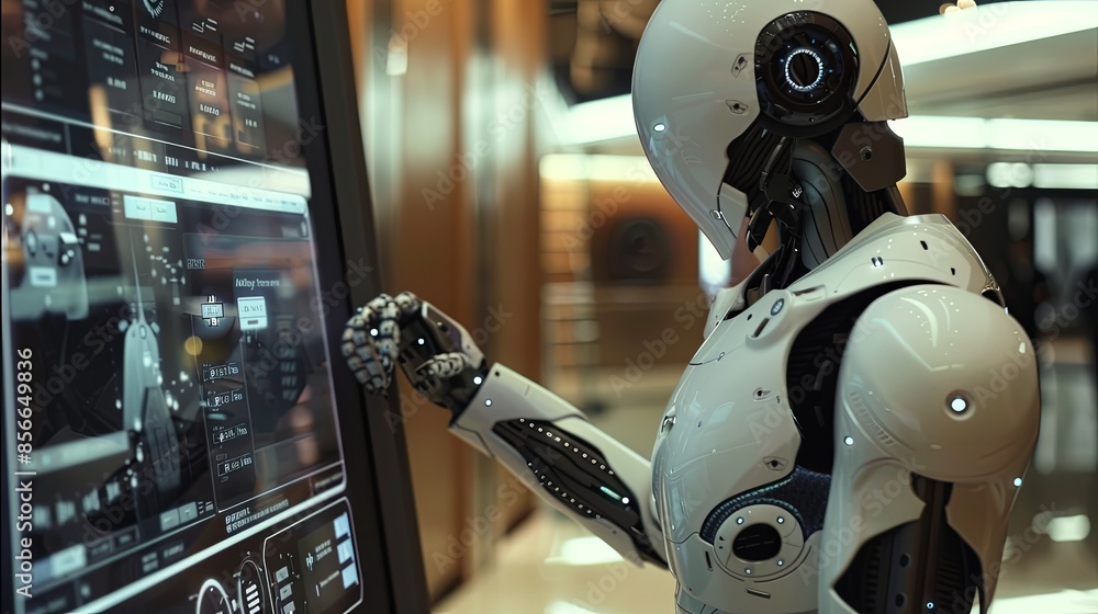 Aufkleber A humanoid robot with a white exterior interacts with a touchscreen interface in a sleek, modern setting. Generative AI