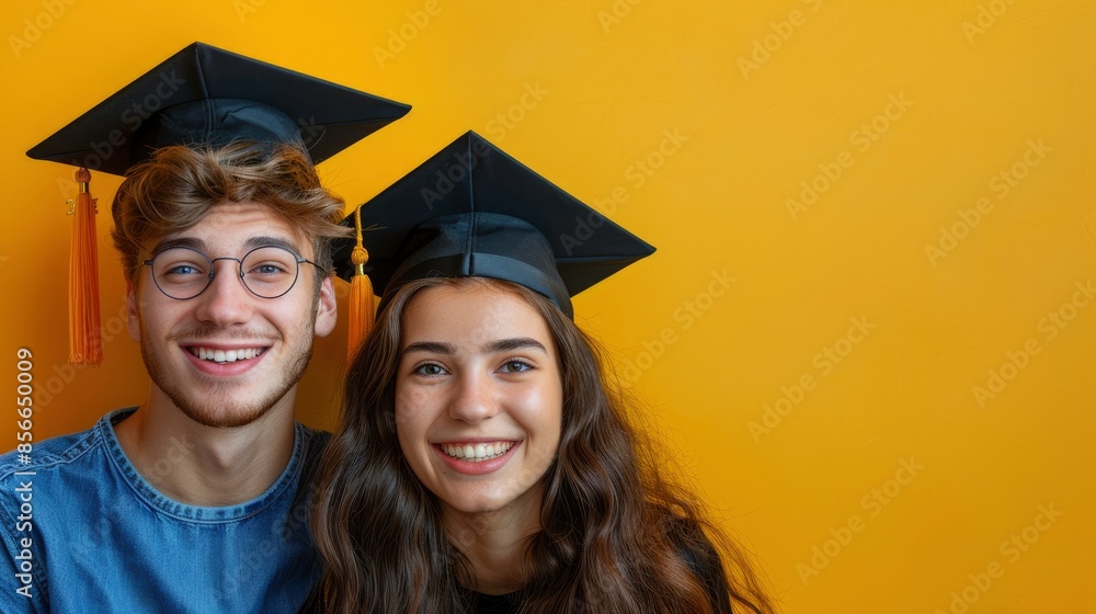 Wall mural  A group of students celebrating their graduation with caps in the air on a yellow background banner for copy space