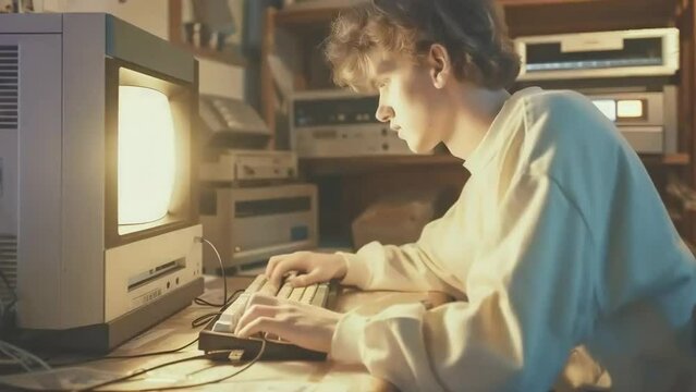 Retro 90s College Student Using Old Desktop Computer in Garage