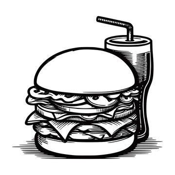 recommend clip art: Continuous one line drawing burger fast food French fries hamburger a glass of soda vector illustrations generated by Ai