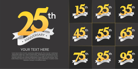 anniversary logotype set vector, yellow color and white ribbon for special day celebration