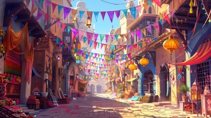 Obraz premium Ornamental Arabic lantern with burning candle glowing at night and glittering golden bokeh lights. Festive greeting card, invitation for Muslim holy month Ramadan Kareem. Dark background.