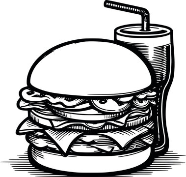 recommend clip art: Continuous one line drawing burger fast food French fries hamburger a glass of soda vector illustrations generated by Ai