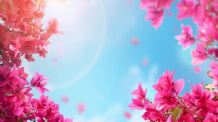 Fototapeta premium bougainvillea flowers frame in bright and shiny sky background