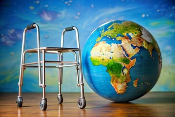 walking aid and earth globe. Aging population issue