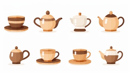 Obraz premium Collection of Teacups and Teapots in Cartoon Style