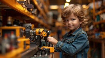  A young boy building a robot for a school project on a silver background banner for copy space