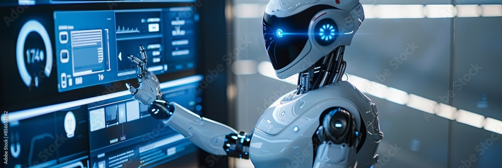 Poster a humanoid robot, with a touchscreen interface displaying ai functions, interacts with a human in a 