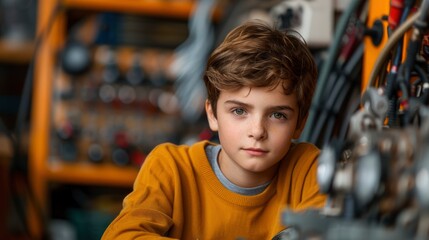  A young boy building a robot for a school project on a silver background banner for copy space