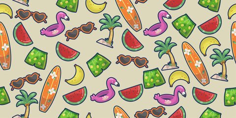 Watermelon, shorts, swimming ring, banana, glasses, palm tree. Summer and bright pattern of stylish and thematic elements.