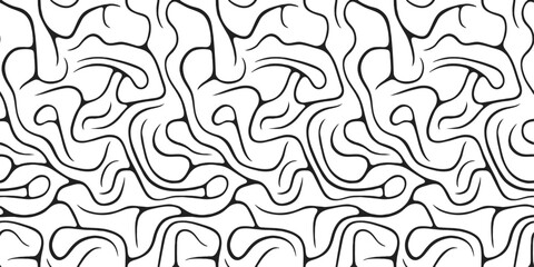 Background of lines weaving an endless labyrinth. Black lines that create moves, twisted lines, black and white background.