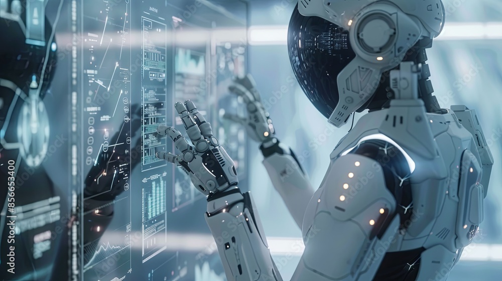Poster A white humanoid robot with a sleek design interacts with a touchscreen display in a futuristic setting. The screen shows various AI functions and options. Generative AI