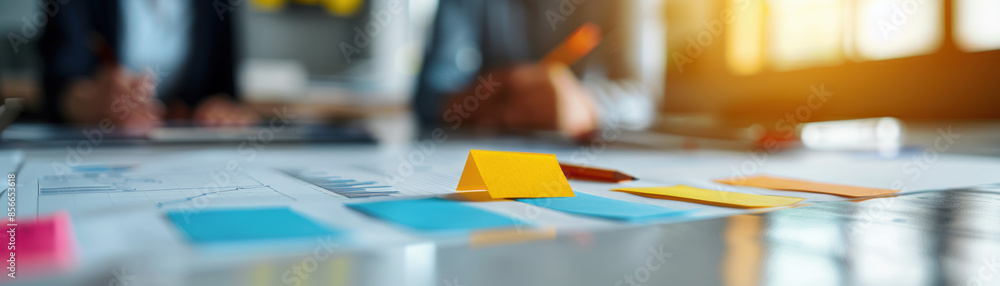 Poster a yellow sticky note sits on a table with other colorful sticky notes