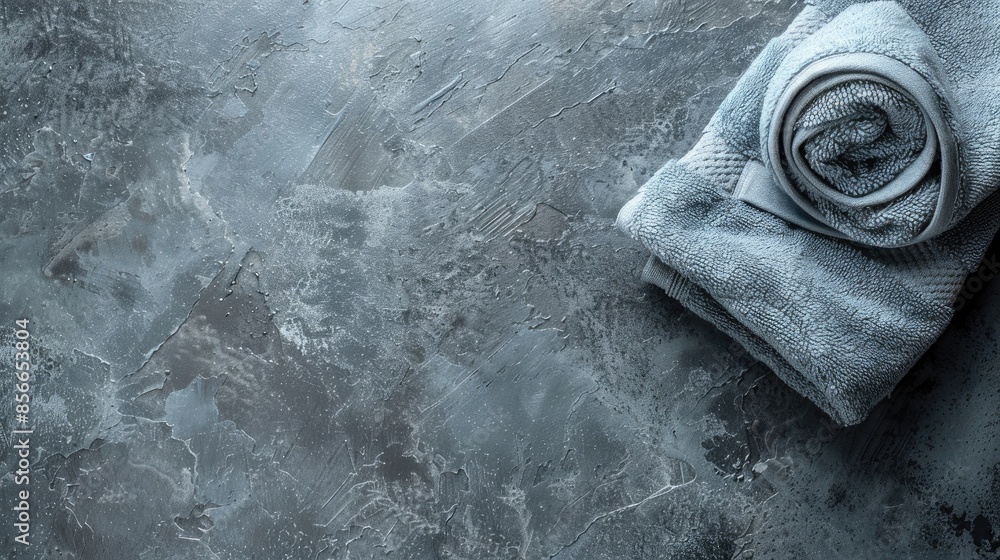 Poster view from above of a grey background with a folded soft towel room for text