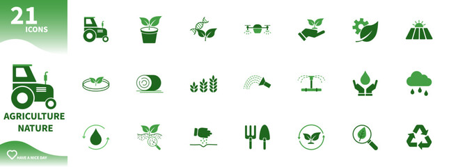 Icon of agriculture and green nature. Set of icons for tractors, watering, agricultural drones, fields, trees.  Solid vector icons.