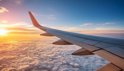 Obraz premium 해질녁 구름위를 날고있는 비행기의 날개