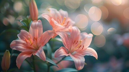 A close-up of pink lilies with delicate details and a blurred background, creating an elegant and serene composition.