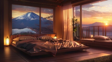 Fototapeta premium Japanese style bed room, Mt Fuji landscape scenic lake view background. Modern luxury architecture interior, 3d romantic bedroom with zen style furniture. Resort hotel holiday maker travel to Asia.