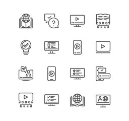 Set of online education related icons, online course, audio book, distance study, video tutorial, lecture, education plan and linear variety vectors.
