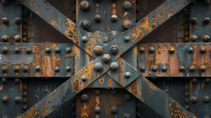 Close-up of rusty industrial bolts on a weathered metal beam