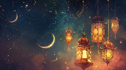 Fototapeta premium Ornamental Arabic lantern with burning candle glowing at night and glittering golden bokeh lights. Festive greeting card, invitation for Muslim holy month Ramadan Kareem. Dark background.