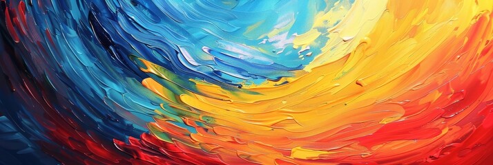 A captivating abstract painting showcasing a fluid,wave-like pattern created by vibrant brushstrokes in a harmonious blend of red,blue,and yellow hues.