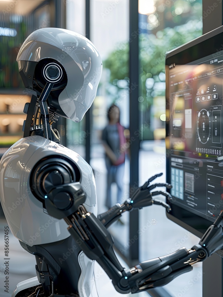 Aufkleber a humanoid robot with a sleek, white exterior operates a touchscreen interface, displaying various a
