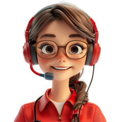 3D cartoon illustration of an angled view close-up shot of a female customer service representative holding a headset, smiling, looking at the camera isolated on a white transparent background