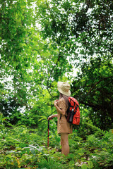 asian girl wearing safari dress standing backpack in middle of  green forest,.