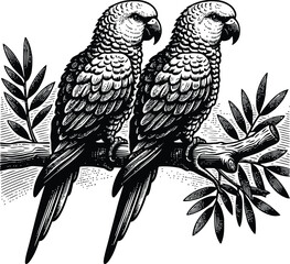 set of parrots sitting on a branch silhouette, on a white background, vector