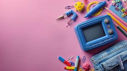 blue projector with slides on a pink background, presentation tools banner with copy space area for text and design elements