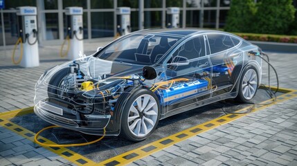Obraz premium An electric vehicle charges at a station, with a transparent overlay revealing intricate internal components and wiring, showcasing advanced electric car technology. 