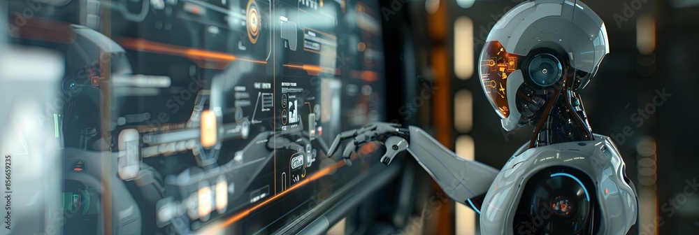Aufkleber A humanoid robot with a touchscreen interface interacts with a human in a sleek, modern environment. Generative AI