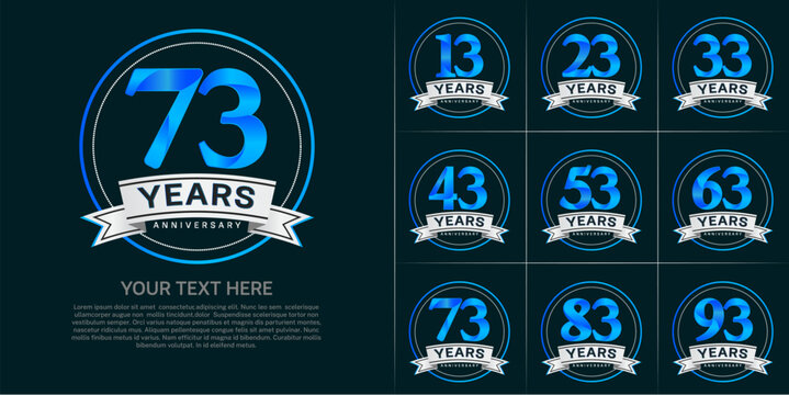anniversary logotype set vector, blue color with circle and silver ribbon for special day celebration