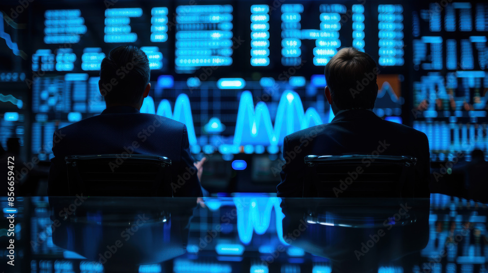 Aufkleber two men are sitting at a desk in front of a computer monitor with a lot of numbe