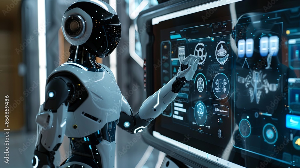 Leinwandbilder a humanoid robot, featuring a white and black exterior, interacts with a sleek touchscreen interface