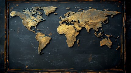 A chalkboard with a detailed world map drawn on it Geography education concept