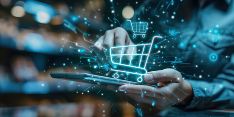 A persons hand using an interactive online buying experience portal