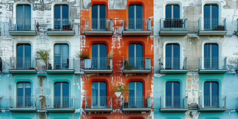 Obraz premium The Exterior of several rundown looking apartments with balconies