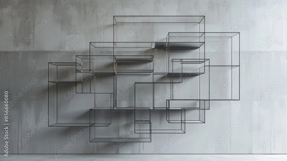 Poster a set of geometric shelves made of wire frames and intersecting planes showcasing an intriguing play