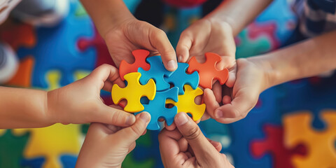Lots of small hands holding multicoloured jigsaw pieces together