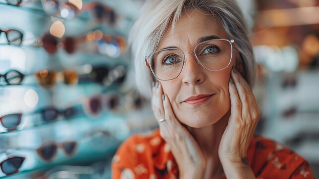 A old smiling woman tries on glasses in front of a showcase of various eyeglass frames in an optometry shop. a harmonious blend of functionality and fashion