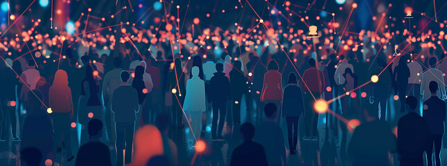Connected Crowd in a Digital Network. A minimalist illustration depicting a large crowd of people interconnected by a digital network.